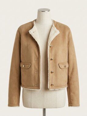 H&M Dark Beige Pile-Lined Faux Suede Jacket Gold Buttons XXL